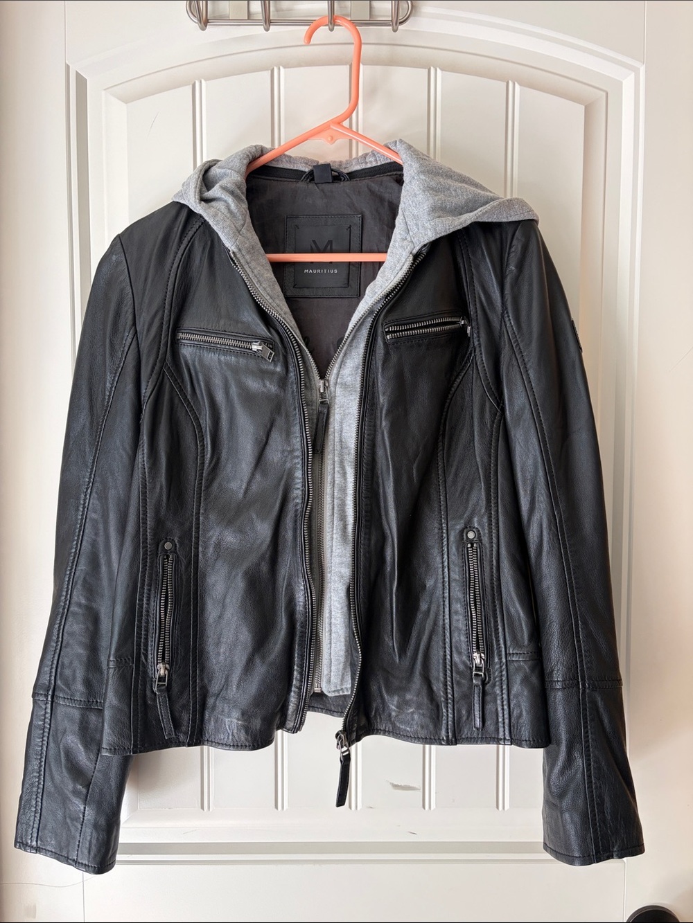 Women's Black Leather Jacket with Gray Hooded Insert